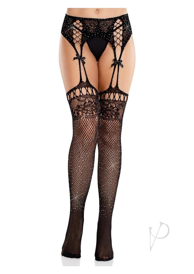 Leg Avenue Rhinestone Lace Top Fishnet Stockings with Attached Garter Belt - OS - Black