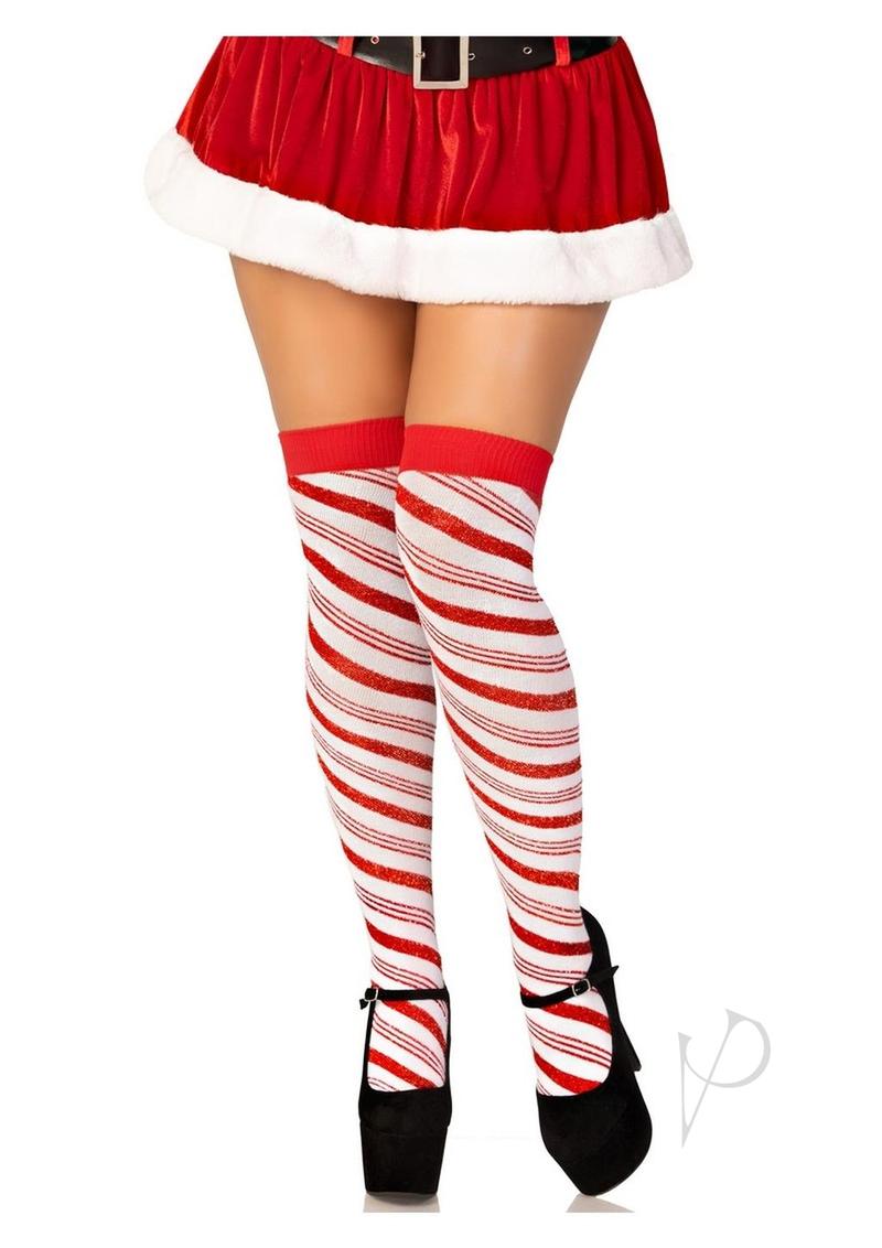 Leg Avenue Candy Cane Lurex Striped Over the Knee Socks - OS - White