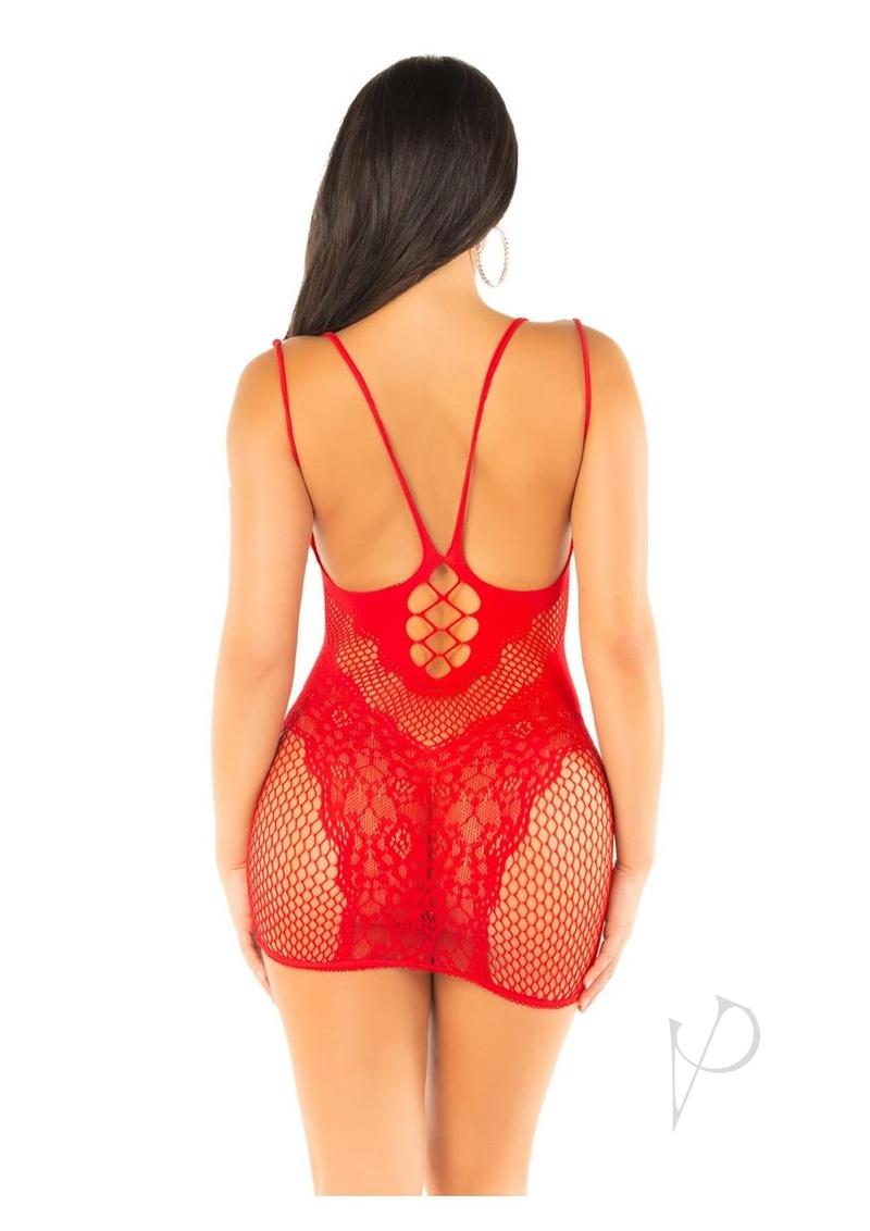 Leg Avenue Lace and Net Mini Dress with Dual Strap Detail - OS - Red