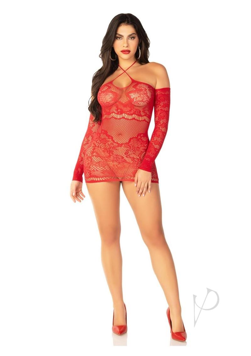 Leg Avenue Seamless Lace Net Off the Shoulder Mini Dress with Twist Halter Strap - OS - Red