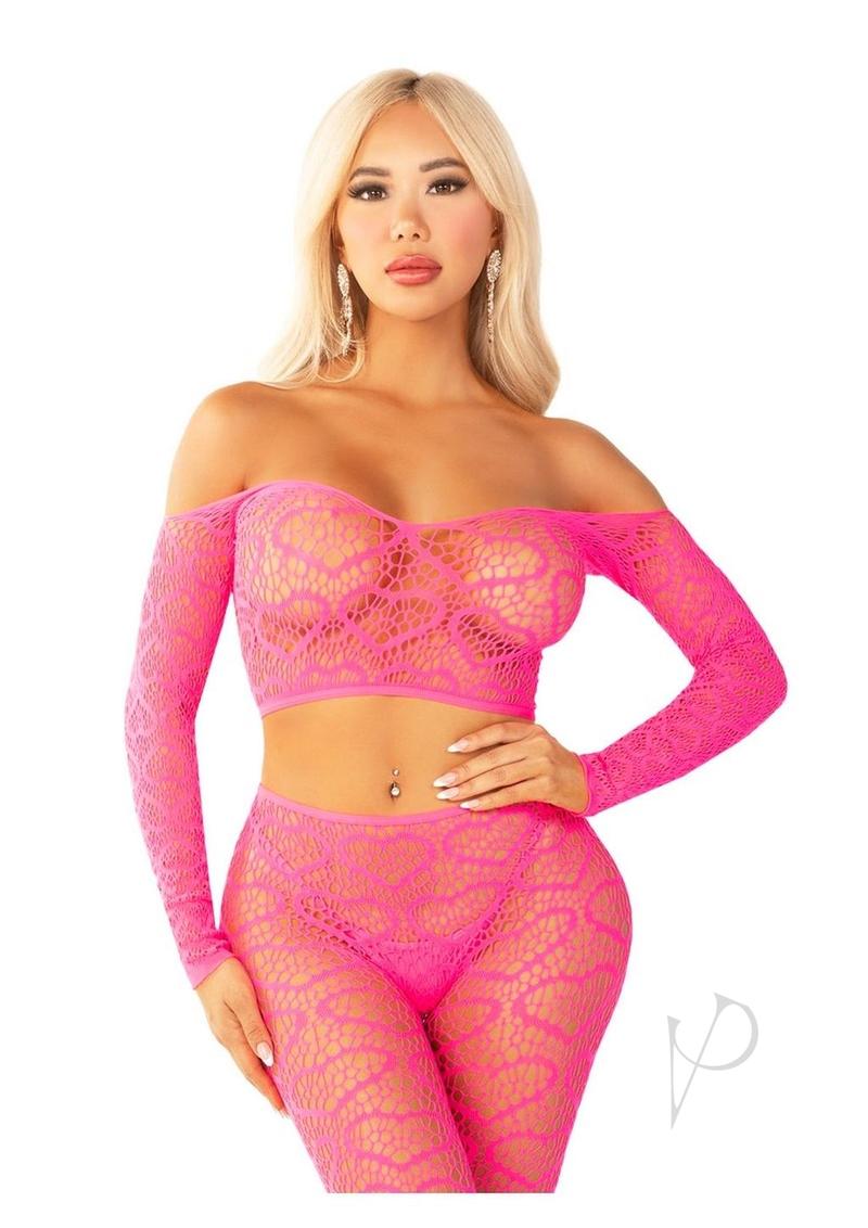 Leg Avenue Heart Net Off the Shoulder Crop Top and Footless Tights (2 Piece) - OS - Pink