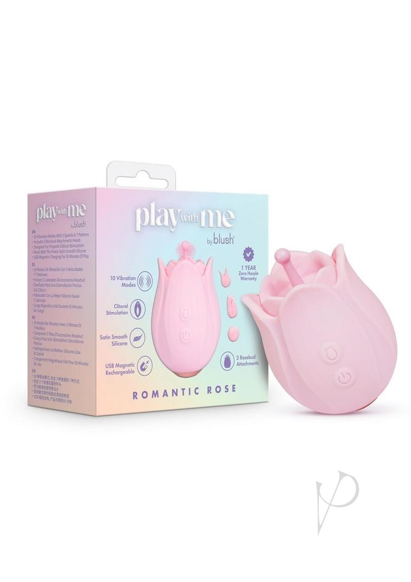Play with Me Romantic Rose Rechargeable Silicone Nipple and Clitoral Stimulator with 3 Interchangeable Attachments - Pink