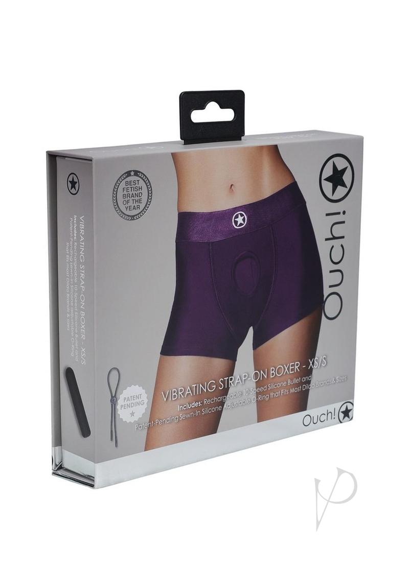 Ouch! Vibrating Strap-On Boxer with Rechargeable Bullet - XS/SM - Purple
