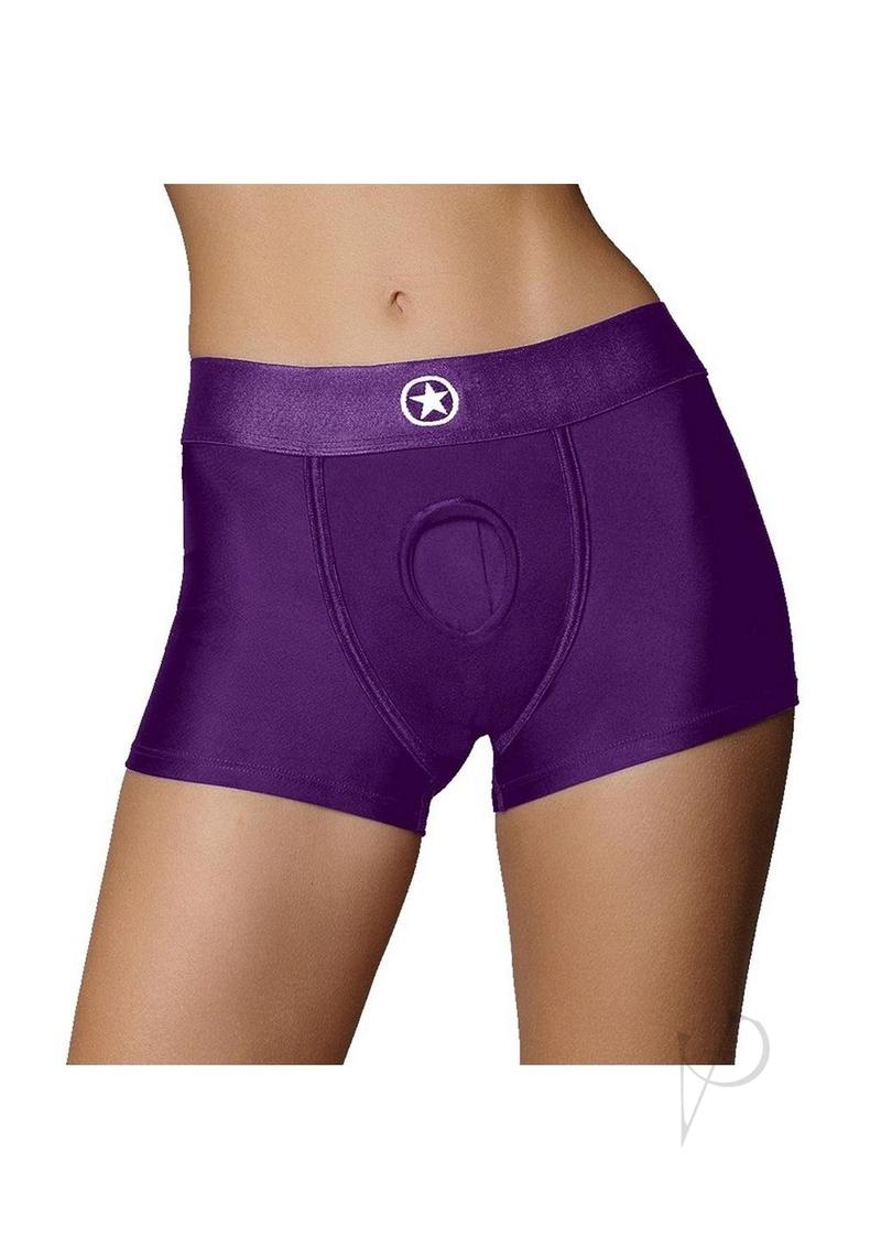 Ouch! Vibrating Strap-On Boxer with Rechargeable Bullet - XS/SM - Purple