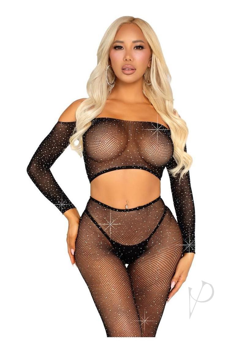 Leg Avenue Rhinestone Fishnet Crop Top and Footless Tights - Black - O/S
