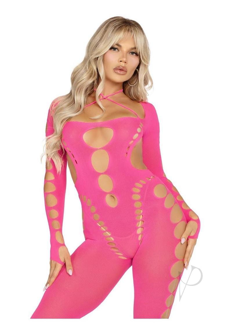 Leg Avenue Seamless Opaque Cut-Out Footless Bodystocking - Pink - O/S