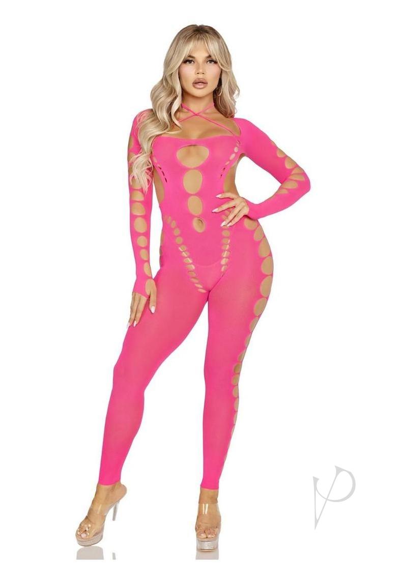 Leg Avenue Seamless Opaque Cut-Out Footless Bodystocking - Pink - O/S