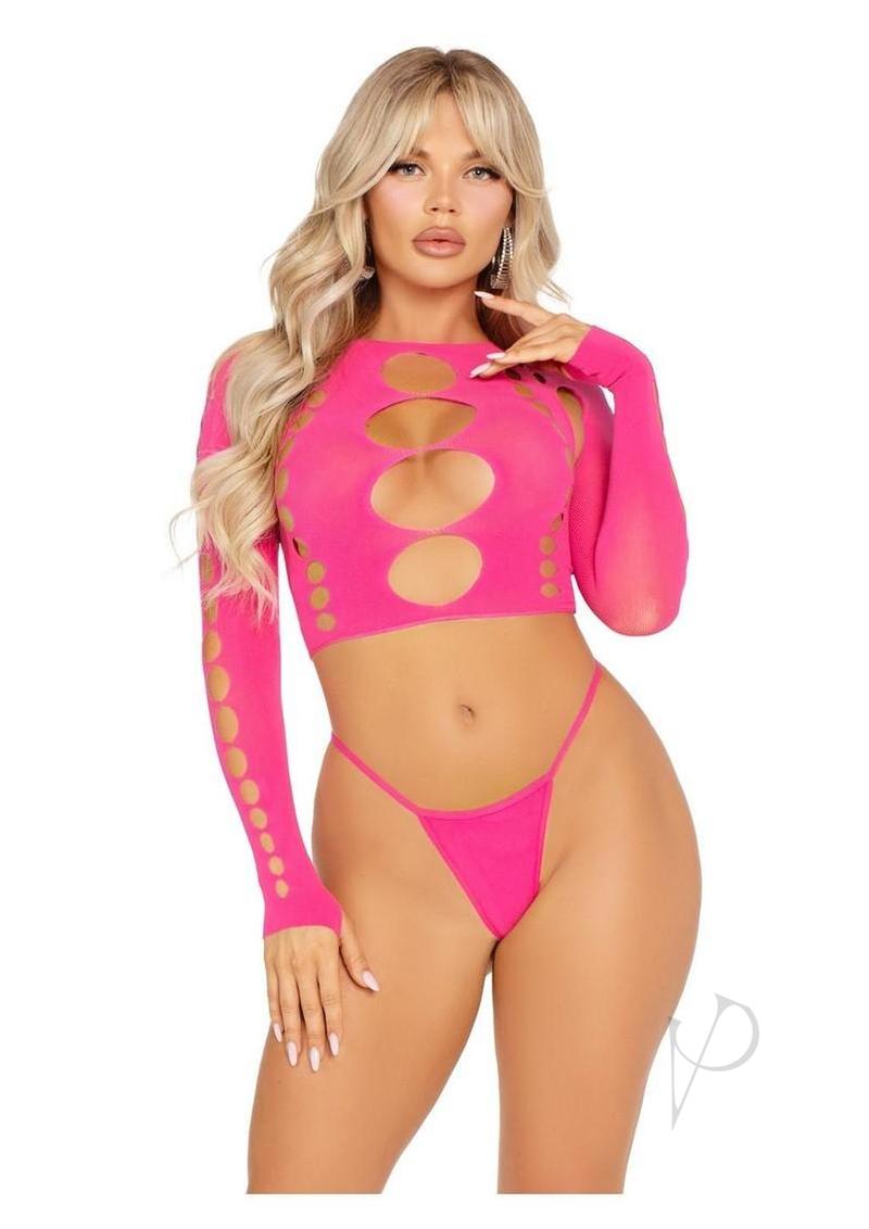 Leg Avenue Seamless Cut Out Long Sleeve Crop Top and G-String Panty - Pink - O/S