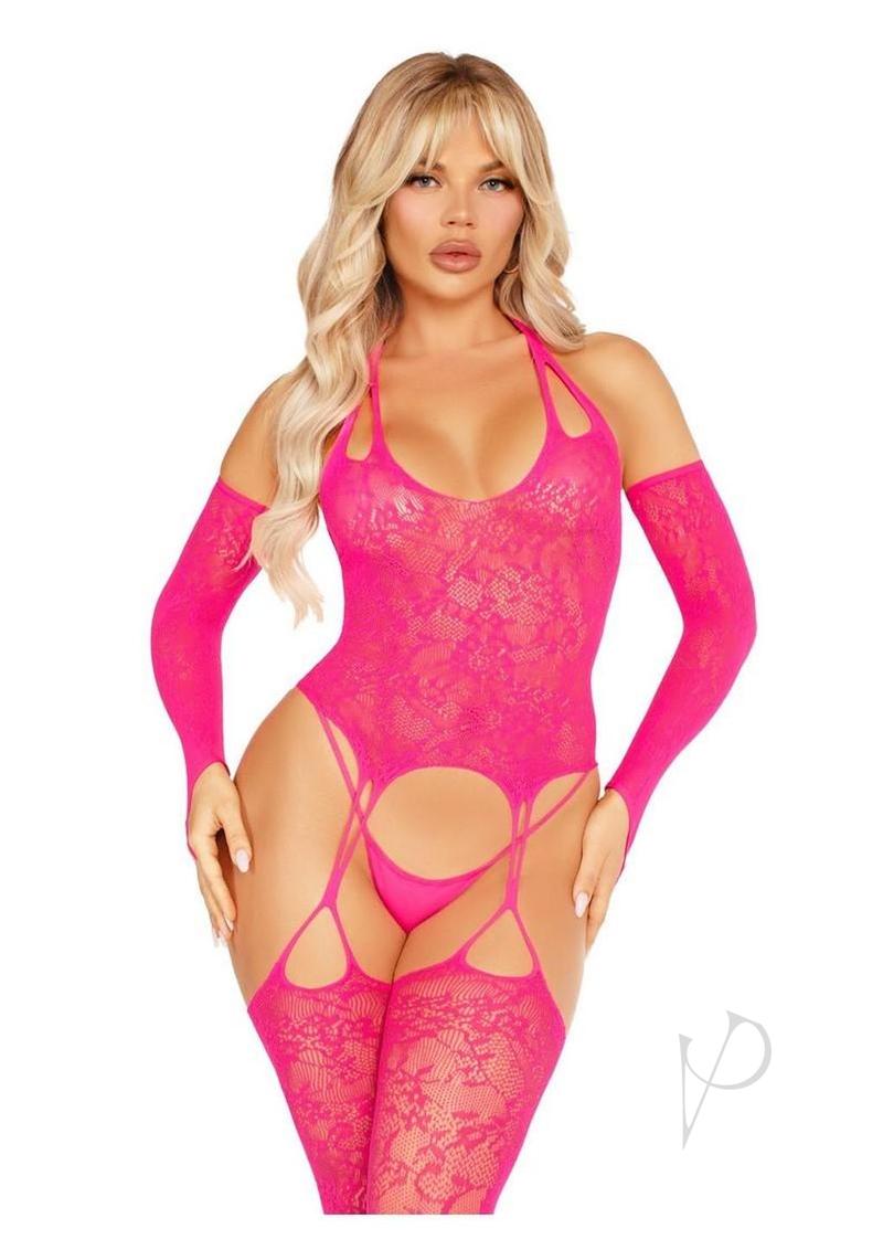 Leg Avenue Lace Halter Footless Cami Garter with Attached Toe Loop Stockings and Arm Warmers - Pink - O/S