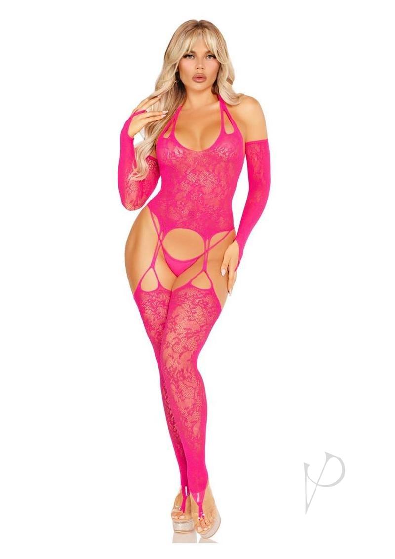 Leg Avenue Lace Halter Footless Cami Garter with Attached Toe Loop Stockings and Arm Warmers - Pink - O/S