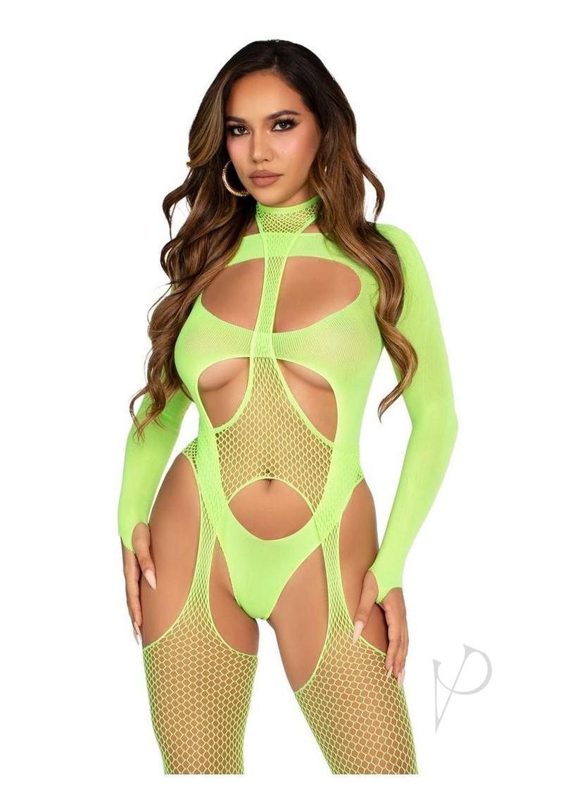 Leg Avenue Fishnet Halter Suspender Bodystocking and Layered Opaque Cut-Out Teddy (2 Piece) - Green - O/S