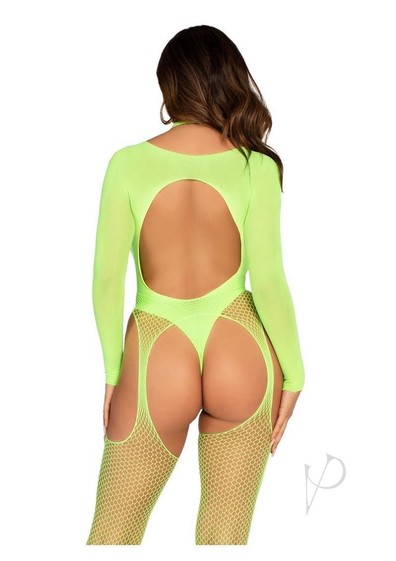 Leg Avenue Fishnet Halter Suspender Bodystocking and Layered Opaque Cut-Out Teddy (2 Piece) - Green - O/S