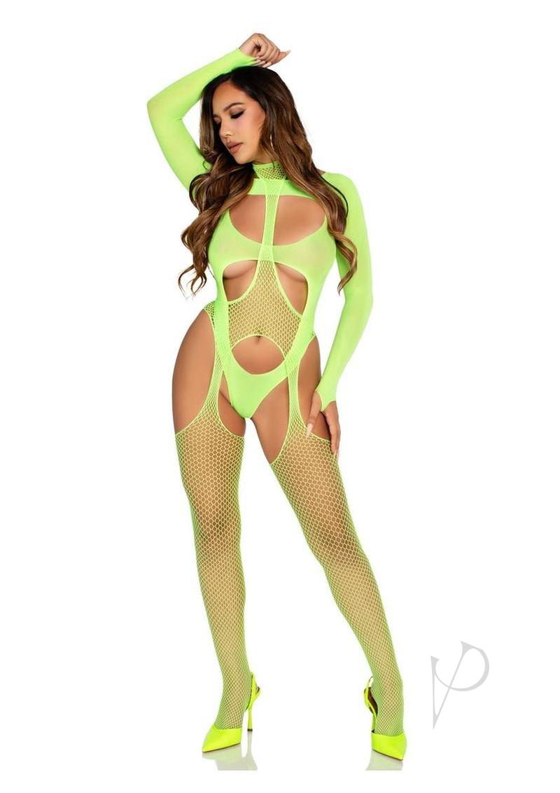 Leg Avenue Fishnet Halter Suspender Bodystocking and Layered Opaque Cut-Out Teddy (2 Piece) - Green - O/S