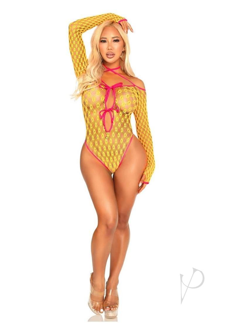 Leg Avenue Eyelet Net Teddy with Tie-Front Keyhole Detail - O/S