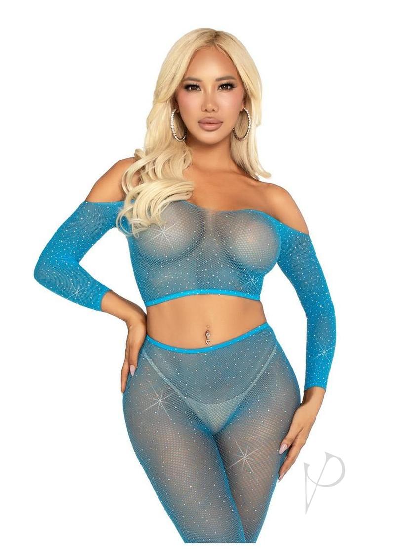 Leg Avenue Rhinestone Fishnet Crop Top and Footless Tights - O/S - Neon Blue