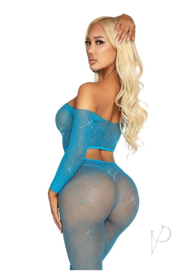 Leg Avenue Rhinestone Fishnet Crop Top and Footless Tights - O/S - Neon Blue