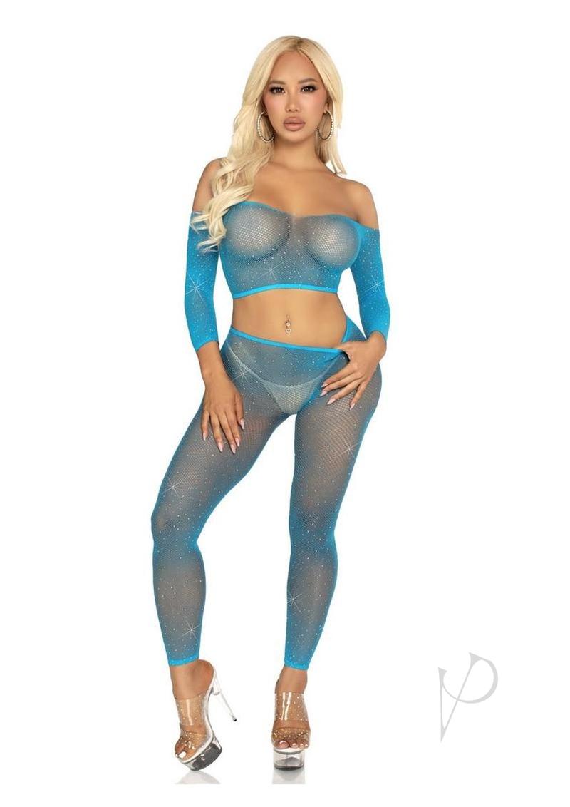 Leg Avenue Rhinestone Fishnet Crop Top and Footless Tights - O/S - Neon Blue