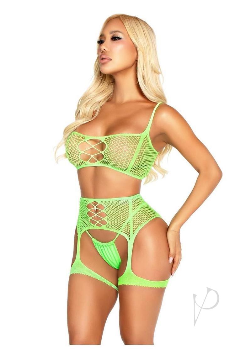 Leg Avenue Fishnet Bra Top and Garter Harness (2 Piece) - Green - O/S