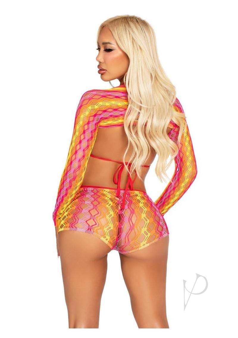 Leg Avenue Zig Zag Net Bikini Top, Boyshorts, and Shrug  - Multicolor - O/S