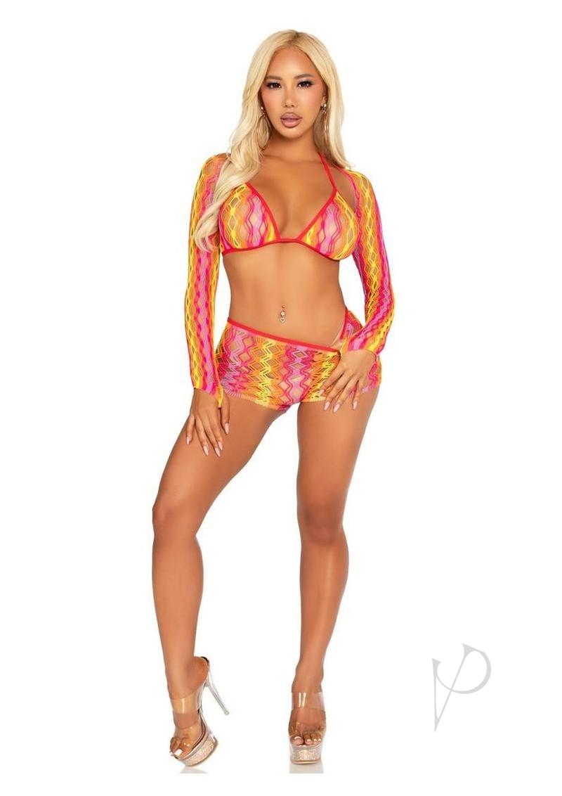 Leg Avenue Zig Zag Net Bikini Top, Boyshorts, and Shrug  - Multicolor - O/S
