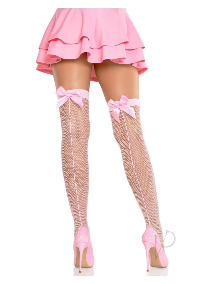 Leg Avenue Satin Bow Top Fishnet Thigh Highs with Rhinestone Backseam - Pink - O/S