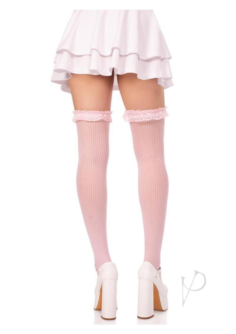Leg Avenue Lace Garter Sheer Striped Thigh Highs with Satin Bow Accent - Light Pink - O/S