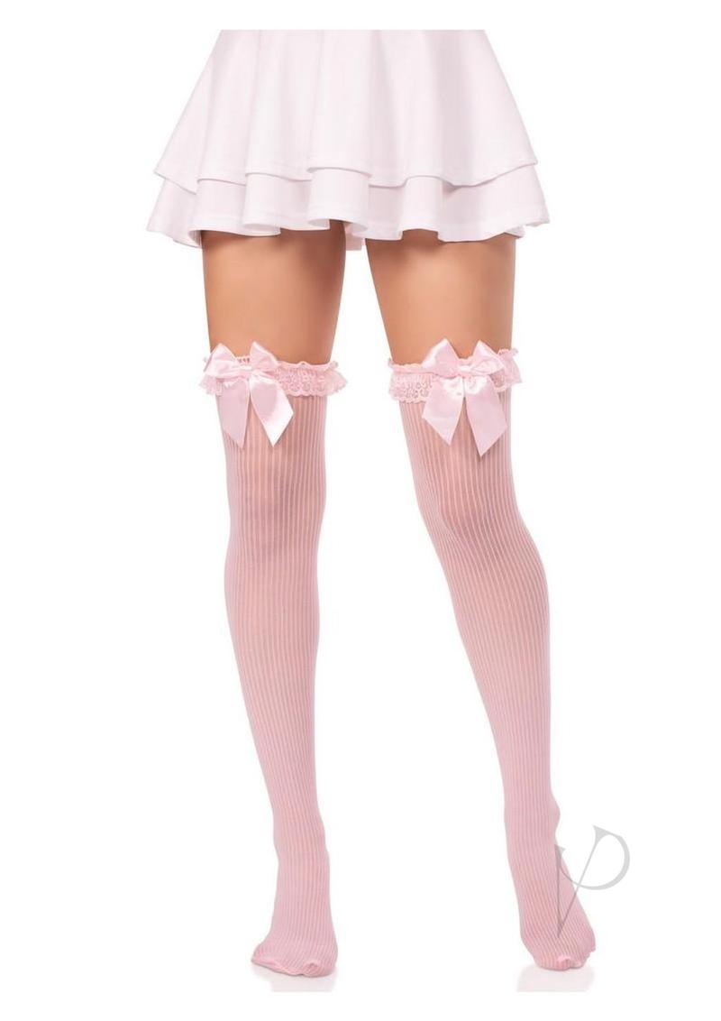 Leg Avenue Lace Garter Sheer Striped Thigh Highs with Satin Bow Accent - Light Pink - O/S