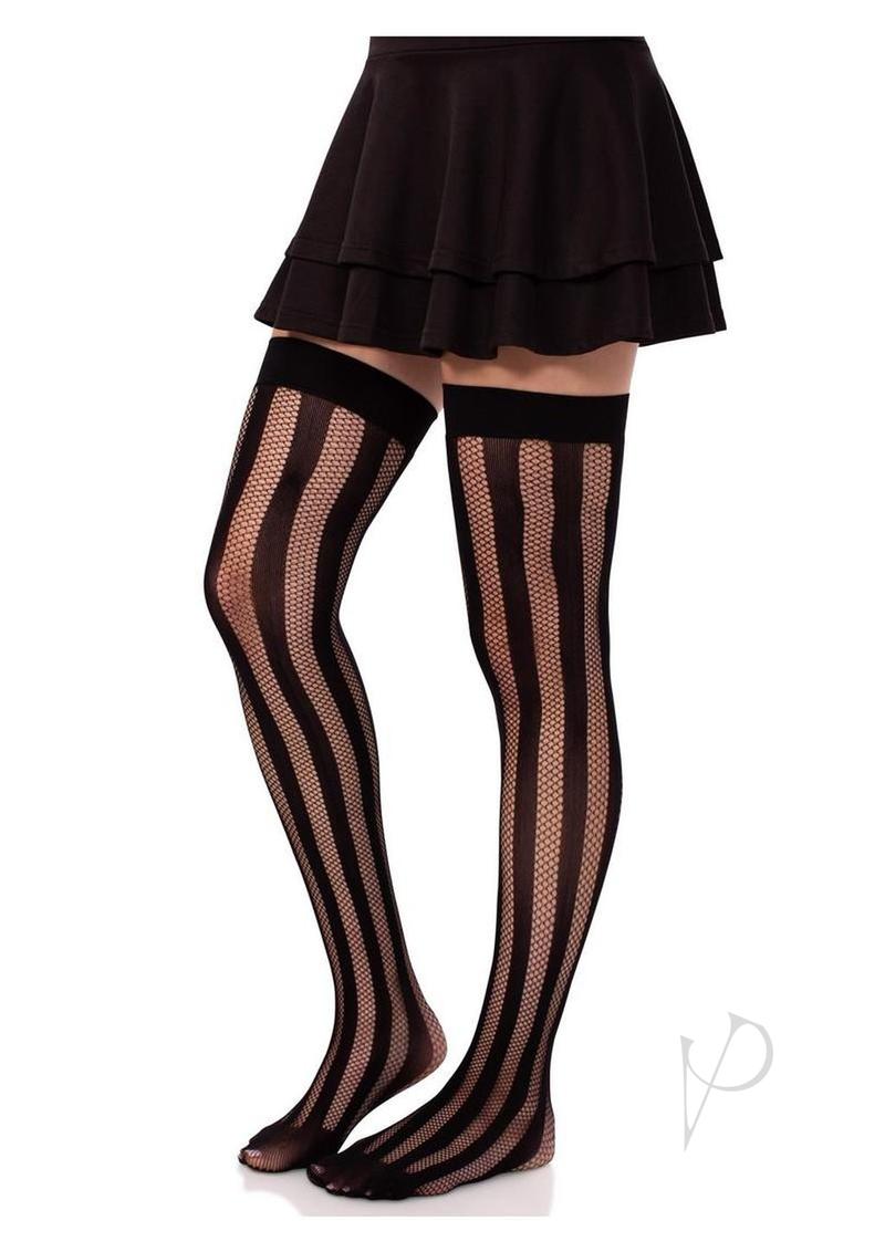 Leg Avenue Net and Opaque Striped Thigh Highs - Black - O/S