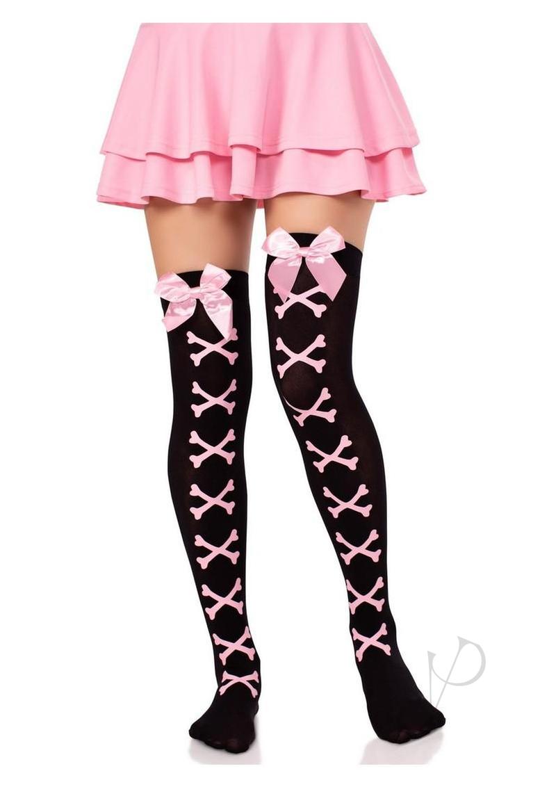 Leg Avenue Opaque Cross Bone Thigh Highs with Satin Bow Accent - Black/Light Pink - O/S