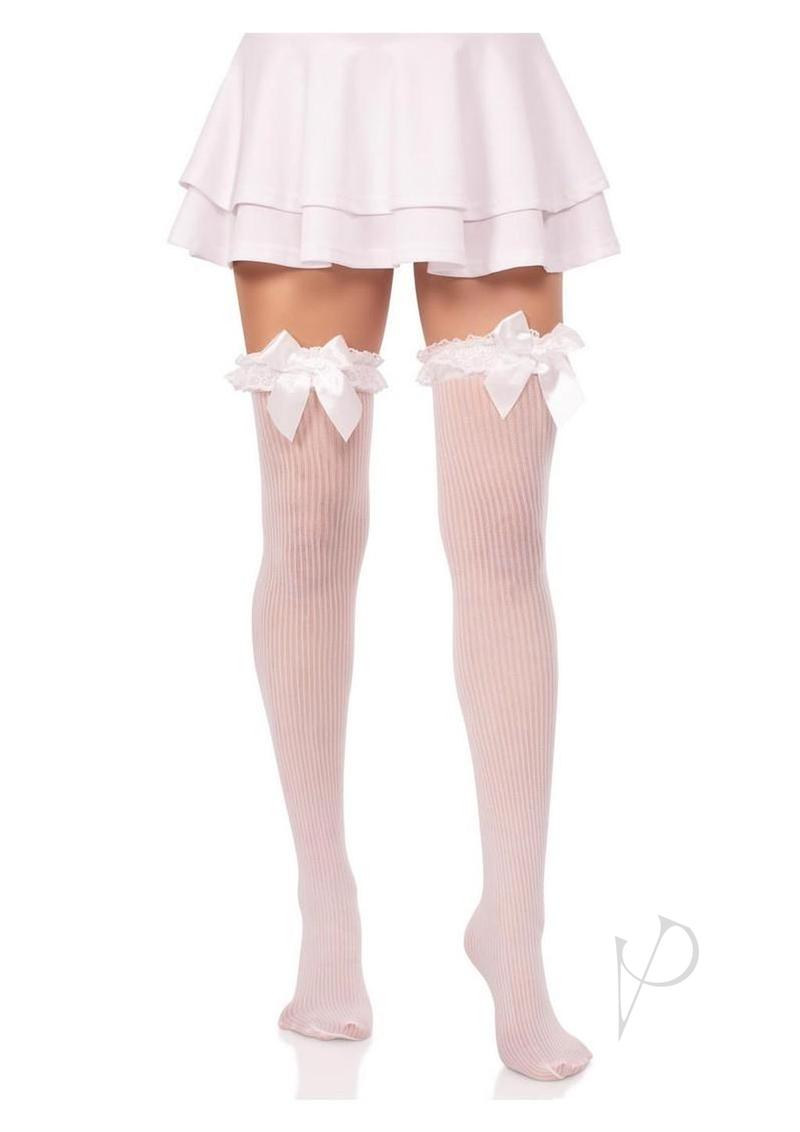 Leg Avenue Lace Garter Sheer Striped Thigh Highs with Satin Bow Accent - White - O/S