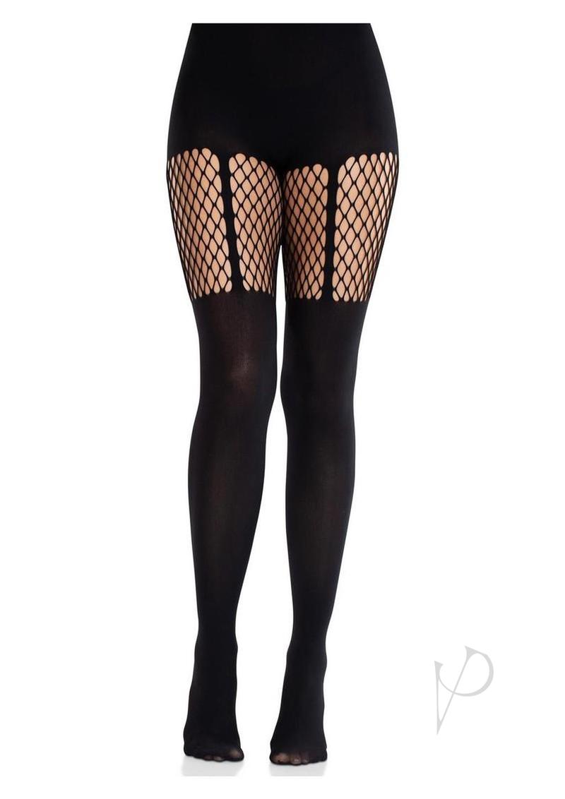 Leg Avenue Seamless Opaque Garter Illusion Tights with Net Thigh Detail - Black - O/S