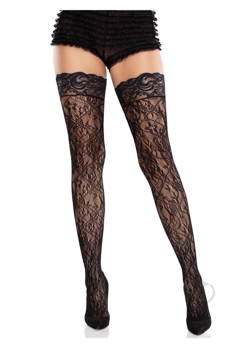 Leg Avenue Stay-Up Lace Top Cross Hatch Floral Lace Thigh Highs - Black - O/S