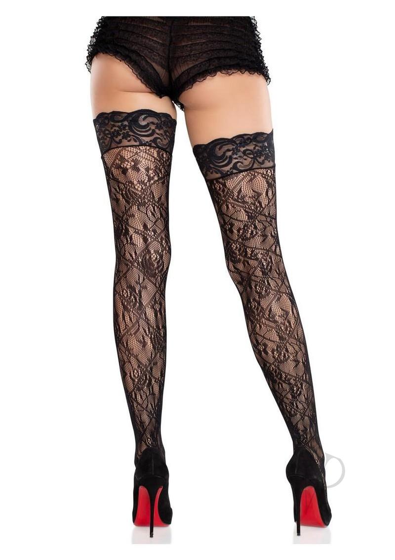 Leg Avenue Stay-Up Lace Top Cross Hatch Floral Lace Thigh Highs - Black - O/S