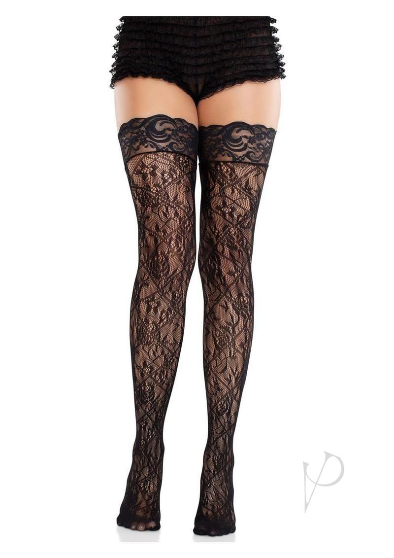Leg Avenue Stay-Up Lace Top Cross Hatch Floral Lace Thigh Highs - Black - O/S