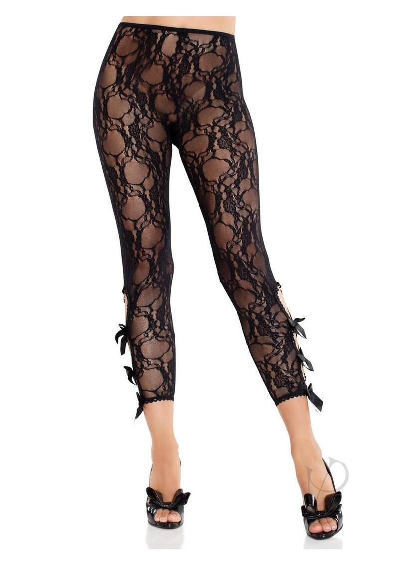 Leg Avenue Scalloped Trimmed Floral Lace Footless Capri Tights with Keyhole Bow Detail - Black - O/S