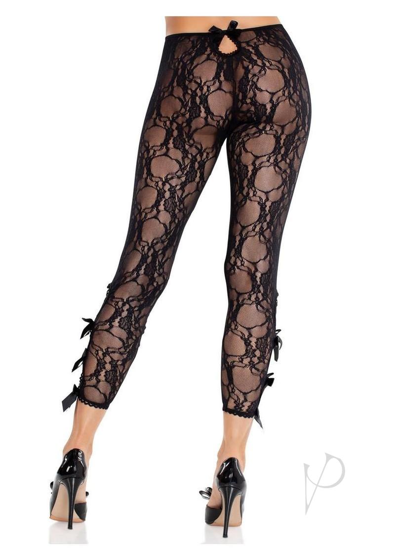 Leg Avenue Scalloped Trimmed Floral Lace Footless Capri Tights with Keyhole Bow Detail - Black - O/S