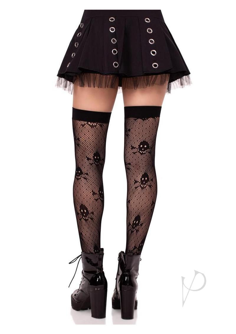 Leg Avenue Dotted Net Skull Thigh Highs - Black - O/S