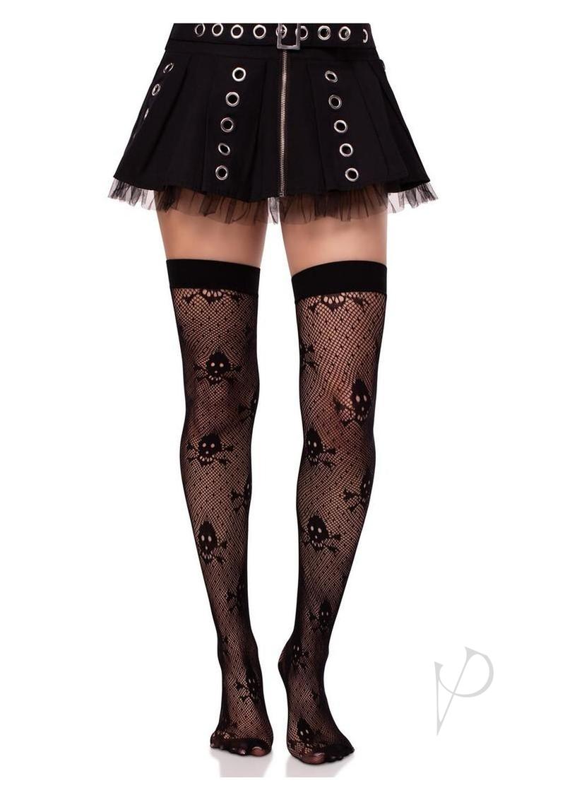 Leg Avenue Dotted Net Skull Thigh Highs - Black - O/S