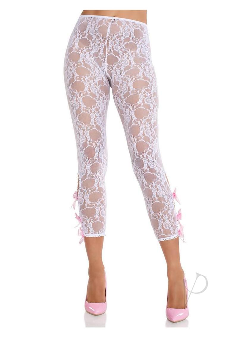 Leg Avenue Scalloped Trimmed Floral Lace Footless Capri Tights with Keyhole Bow Detail - White - O/S