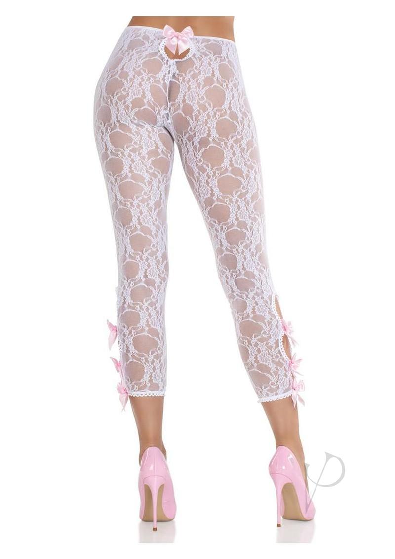 Leg Avenue Scalloped Trimmed Floral Lace Footless Capri Tights with Keyhole Bow Detail - White - O/S