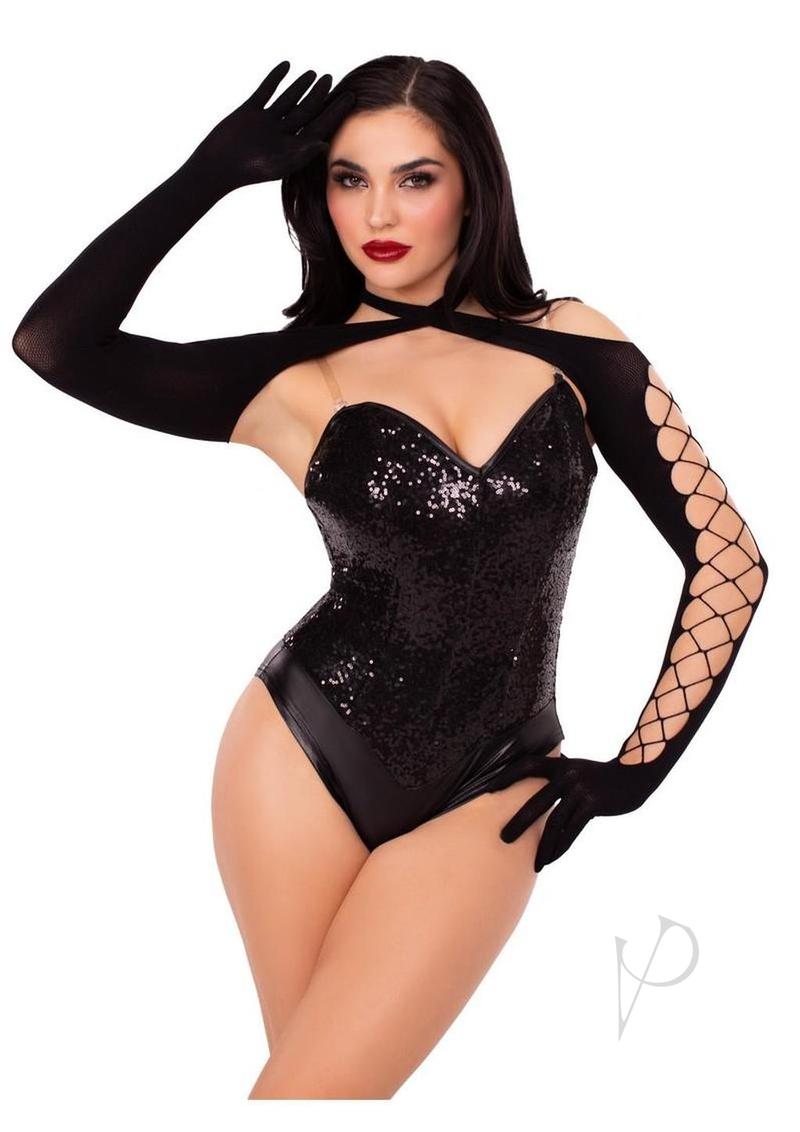 Leg Avenue Net and Opaque Cross-Over Halter Gloved Shrug - Black - O/S