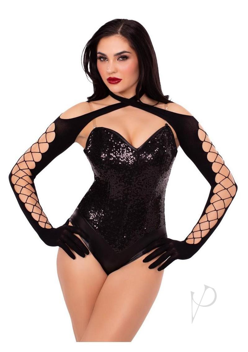Leg Avenue Net and Opaque Cross-Over Halter Gloved Shrug - Black - O/S