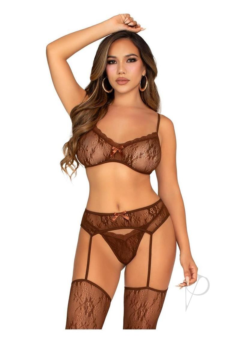 Leg Avenue Lace Bra Top with Mini Bow Detail, V-Front G-String, and Garter Belt Stockings - Cocoa - O/S