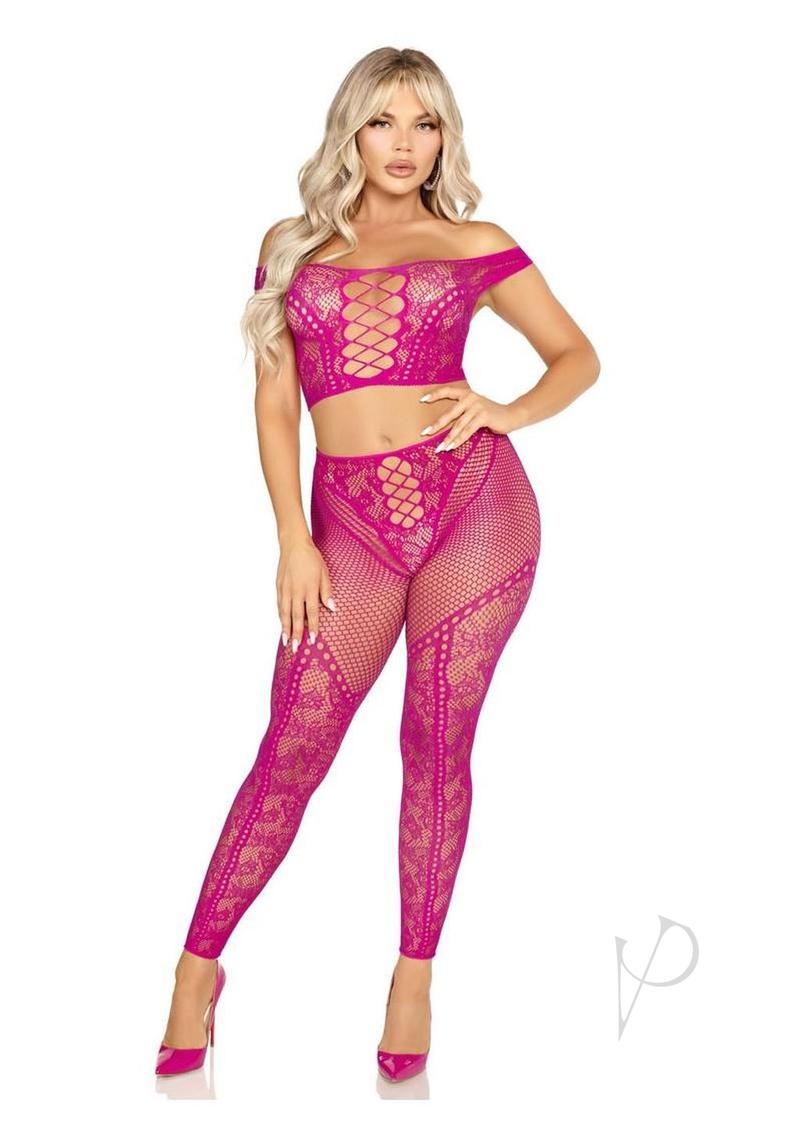 Leg Avenue Net and Lace Off-the-Shoulder Crop Top and Footless Tights (2 Piece) - Magenta - O/S