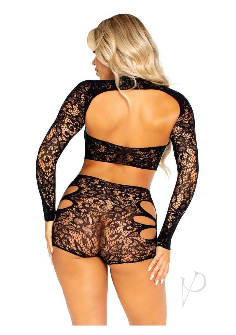 Leg Avenue Cut-Out Lace Romper with Attached Shrug - Black - O/S