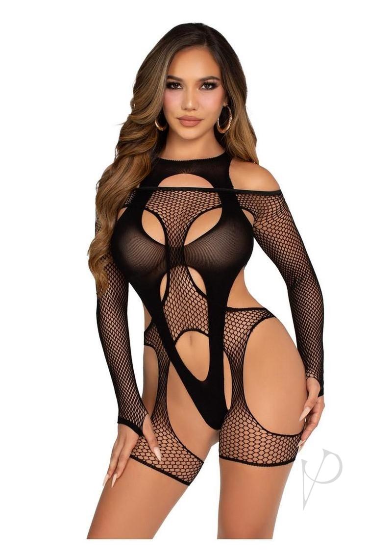 Leg Avenue Off-the-Shoulder Fishnet Garter Harness and Layered Opaque Cut-Out Teddy - O/S