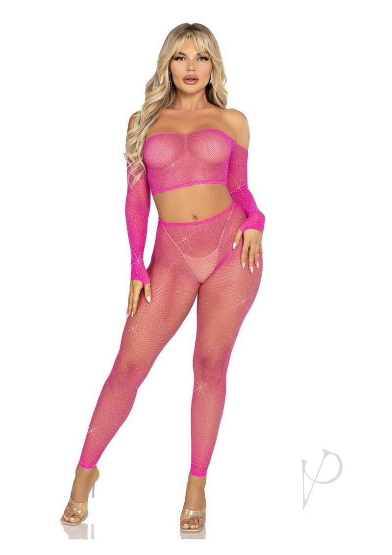 Leg Avenue Rhinestone Fishnet Crop Top and Footless Tights - Neon Pink - O/S