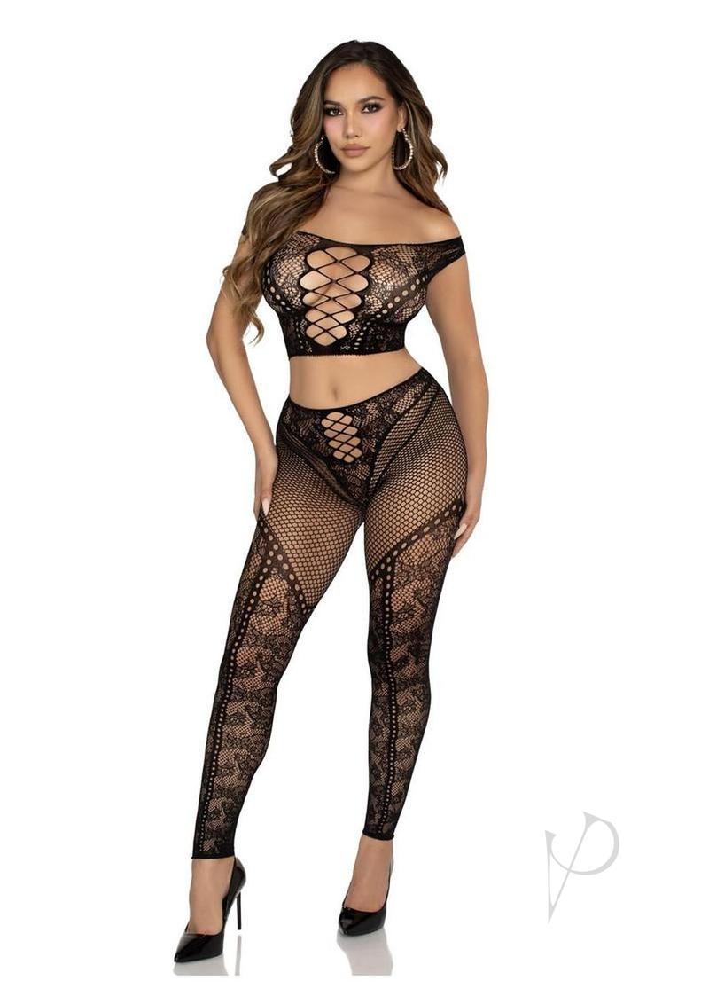 Leg Avenue Net and Lace Off-the-Shoulder Crop Top and Footless Tights (2 Piece) - Black - O/S