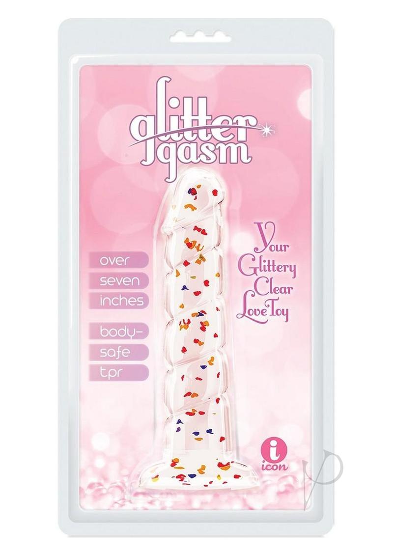 Glittergasm Swirl Clear Dildo with Suction Cup - Orange/Red/Golden Glitter