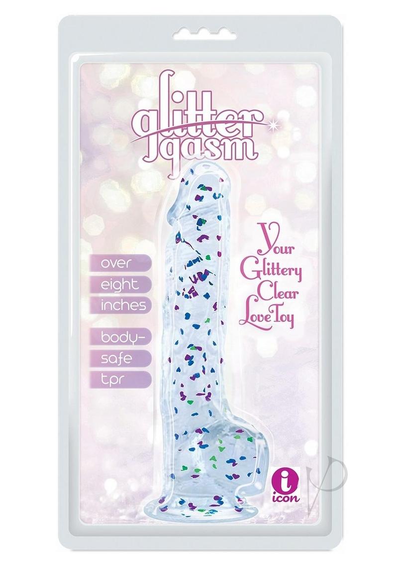Glittergasm Realistic Clear Dildo with Balls and Suction Cup - Red/Orange/Golden Glitter